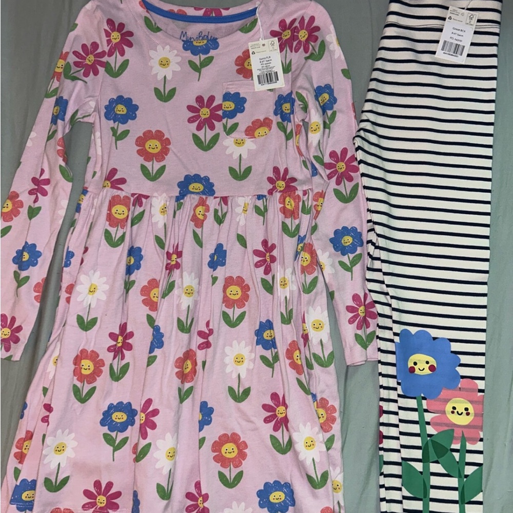 NWT Mini Boden 8/9 Pink Floral Dress and Striped Leggings Set